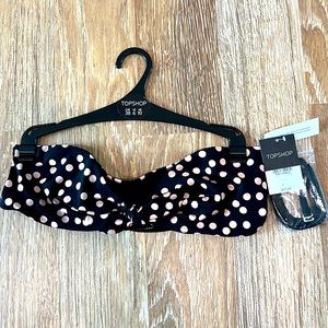 Topshop bandeau bikini, black with baby pink polkadots tie front